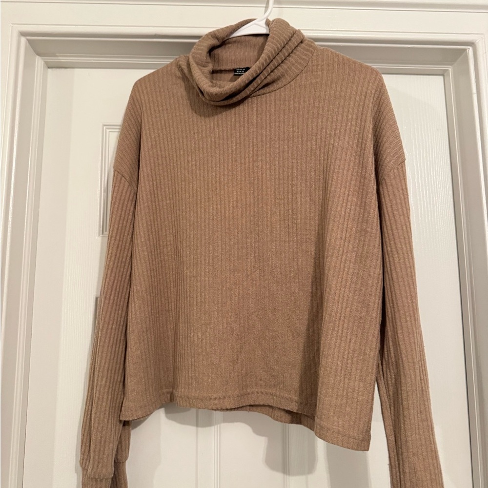 SHEIN Ribbed Tan Cowl Neck Sweater